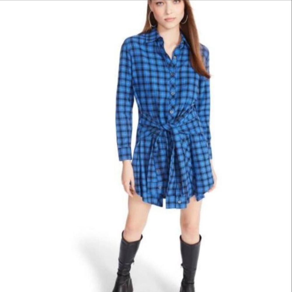 Steve Madden Blue Black Buttoned Pleated Long Sleeve Dress